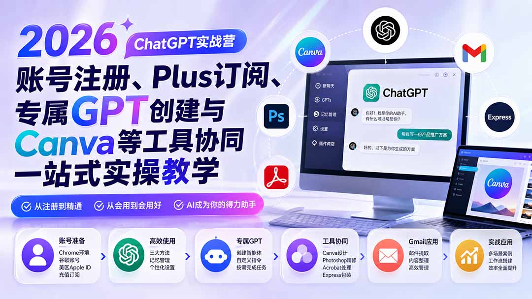 2026 ChatGPT实战营;账号注册、Plus订阅、专属GPT创建与Canva等工具协同一站式实操教学-龙大资源
