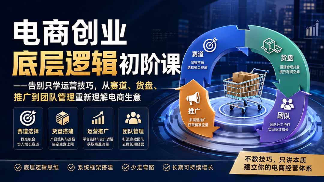 电商创业底层逻辑初阶课——告别只学运营技巧,从赛道、货盘、推广到团队管理重新理解电商生意-龙大资源