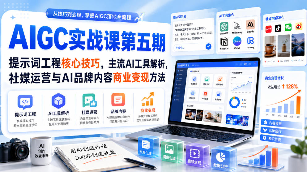 刺猬星球·AIGC实战课第五期,提示词工程核心技巧,主流AI工具解析,社媒运营与AI品牌内容商业变现方法-龙大资源