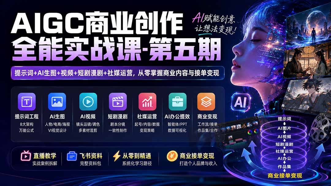 AIGC商业创作全能实战课-第五期:提示词+AI生图+视频+短剧漫剧+社媒运营,从零掌握商业内容与接单变现-龙大资源