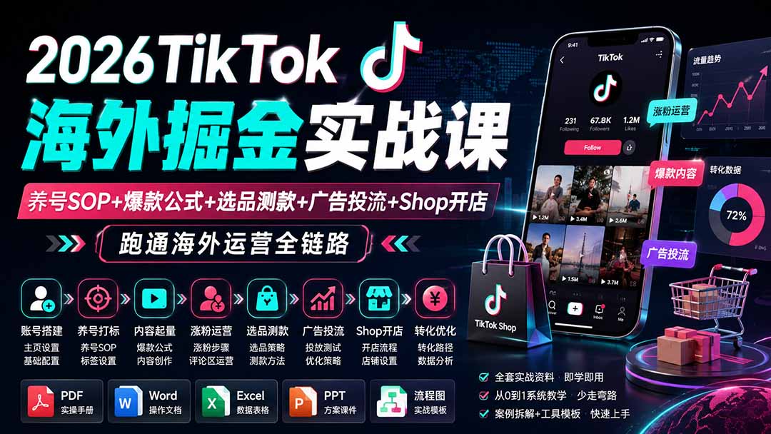 2026TikTok海外掘金实战课——养号SOP+爆款公式+选品测款+广告投流+Shop开店,跑通海外运营全链路-龙大资源