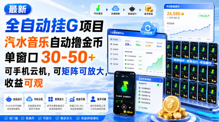 最新全自动挂G项目,汽水音乐自动撸金币单窗口30-50+,可手机云机,可矩阵可放大,收益可观-龙大资源