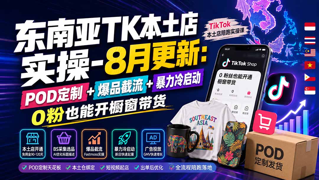 东南亚TK本土店实操-8月更新:POD定制+爆品截流+暴力冷启动,0粉也能开橱窗带货-龙大资源