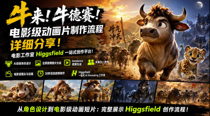 牛来!牛德赛!电影级动画片制作流程详细分享!电影工作室Higgsfield一站式创作平台,完整创作流程-龙大资源