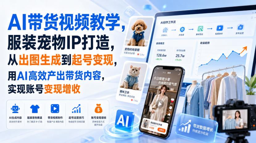 AI带货视频教学,服装宠物IP打造,从出图生成到起号变现,用AI高效产出带货内容,实现账号变现增收-龙大资源