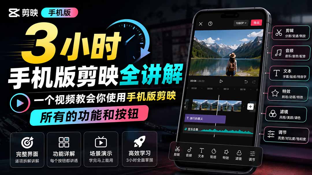 3小时手机版剪映全讲解,一个视频教会你使用手机版剪映,所有的功能和按钮-龙大资源