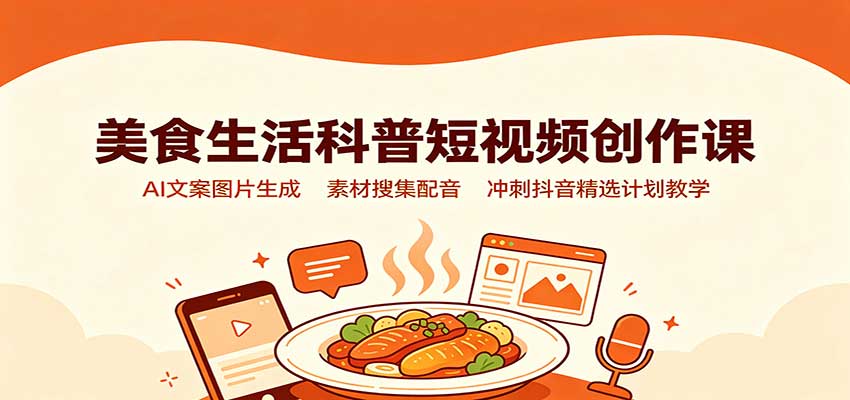 美食生活科普短视频创作课:AI文案图片生成,素材搜集配音,冲刺抖音精选计划教学-龙大资源