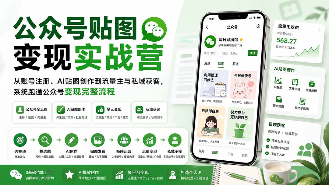 公众号贴图变现实战营:从账号注册、AI贴图创作到流量主与私域获客,系统跑通公众号变现完整流程-龙大资源