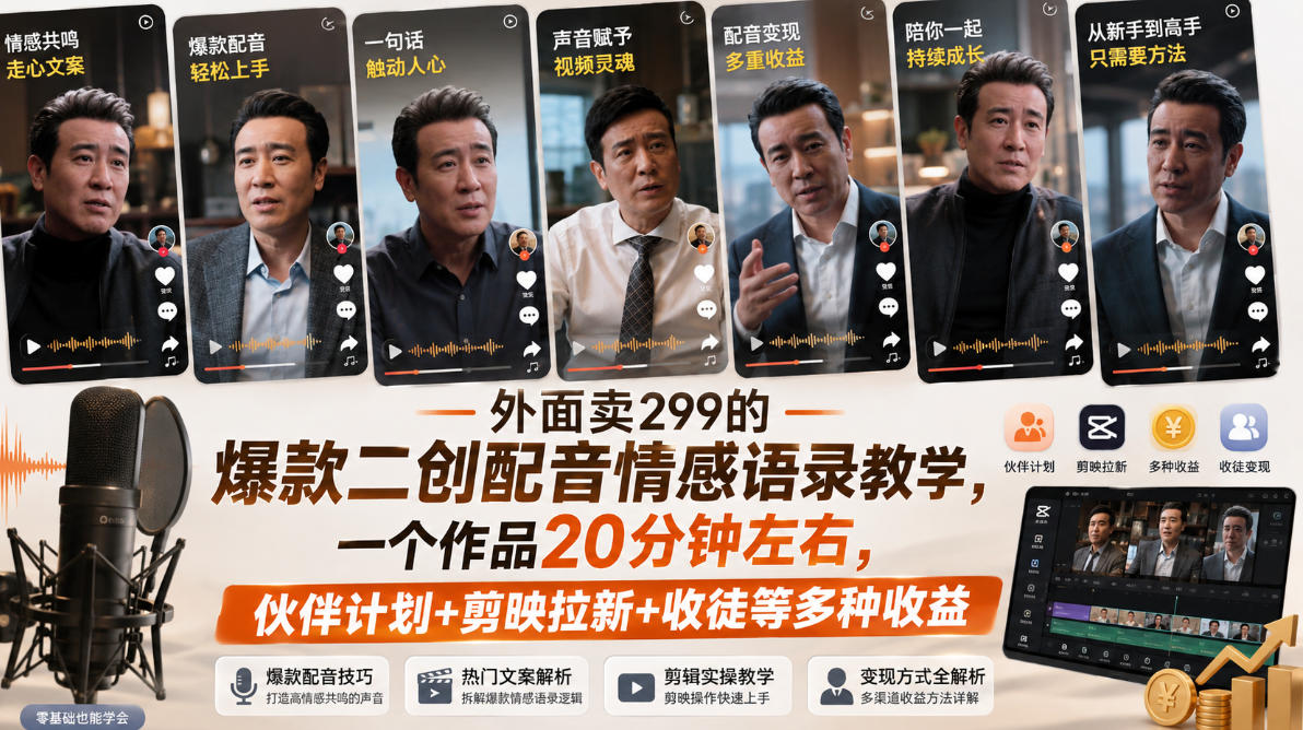 外面卖299的爆款二创配音情感语录教学,一个作品20分钟左右,伙伴计划+剪映拉新+收徒等多种收益-龙大资源