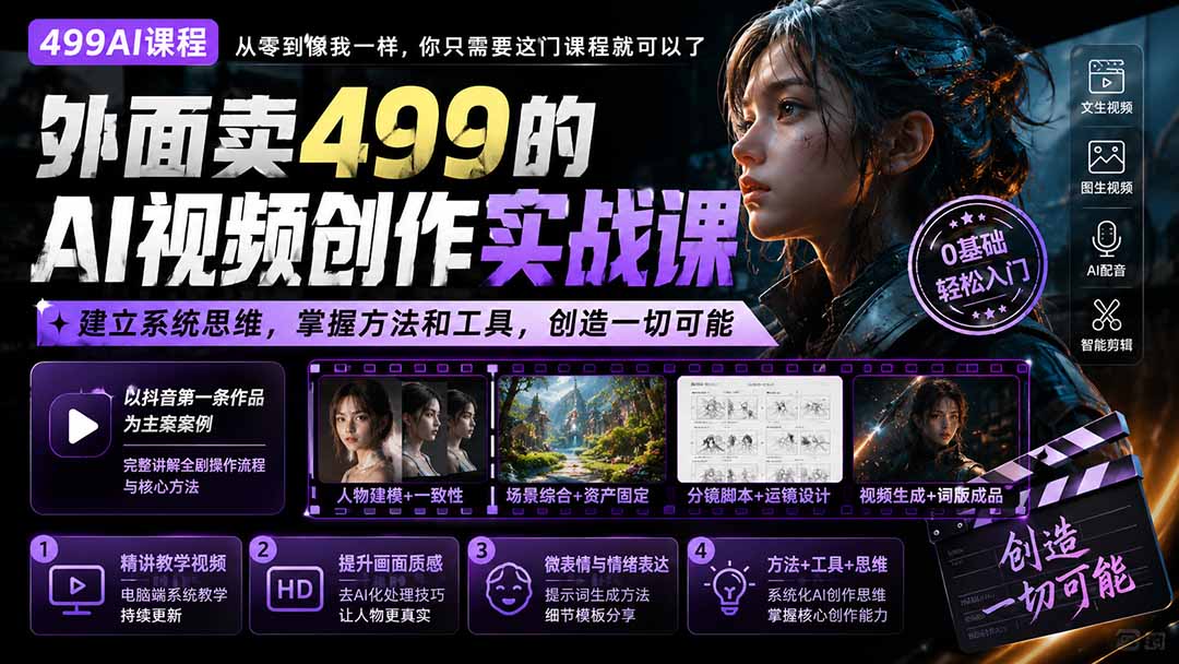 外面卖499的AI视频创作实战课:建立系统思维,掌握方法和工具,创造一切可能。-龙大资源
