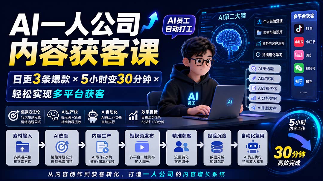 AI一人公司内容获客课-更新8月:日更3条爆款×5小时变30分钟×AI员工自动打工,轻松实现多平台获客-龙大资源