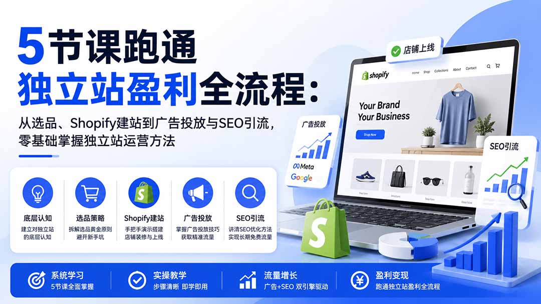5节课跑通独立站盈利全流程:从选品、Shopify建站到广告投放与SEO引流,零基础掌握独立站运营方法-龙大资源
