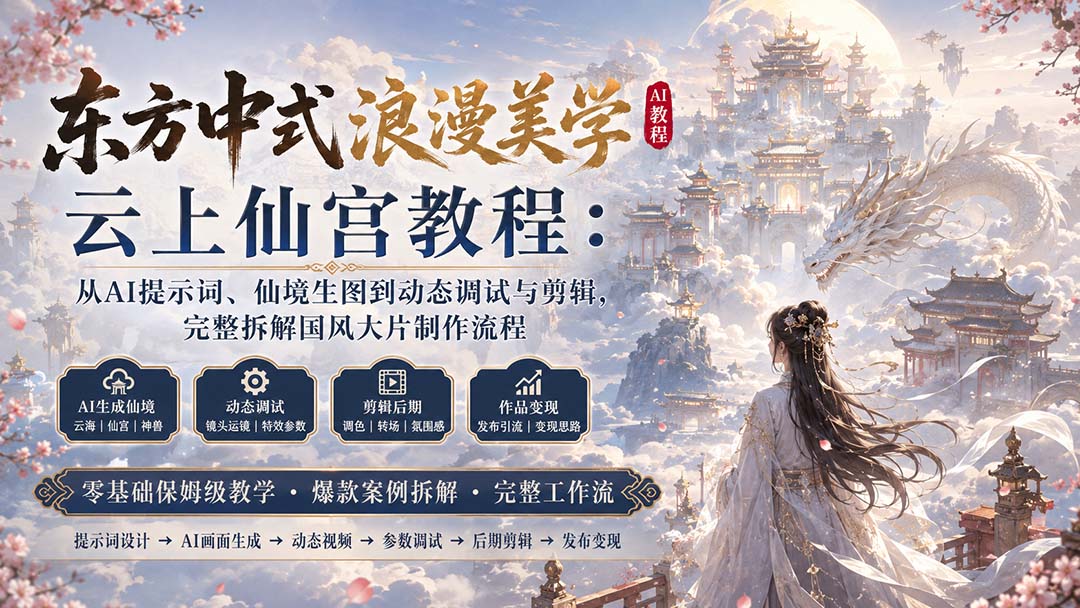 东方中式浪漫美学云上仙宫教程：从AI提示词、仙境生图到动态调试与剪辑，完整拆解国风大片制作流程-龙大资源
