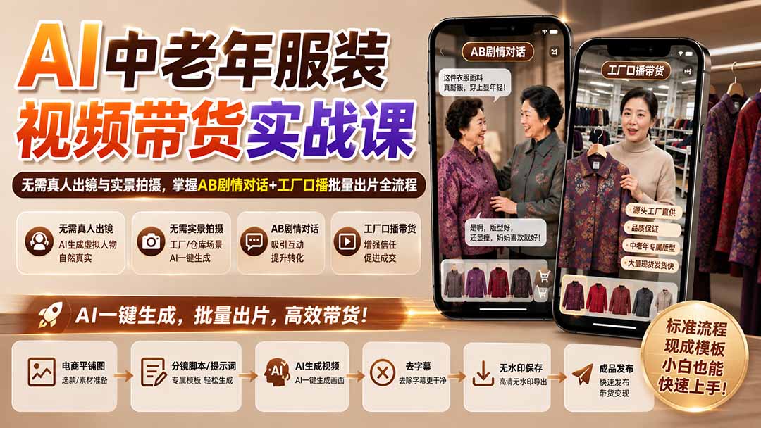 AI中老年服装视频带货实战课：无需真人出镜与实景拍摄，掌握AB剧情对话+工厂口播批量出片全流程-龙大资源