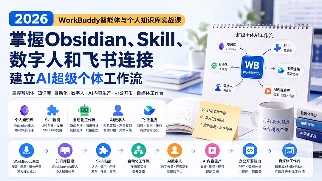 2026 WorkBuddy智能体与个人知识库实战课：掌握Obsidian、Skill、数字人和飞书连接，建立AI超级个体工作流-龙大资源