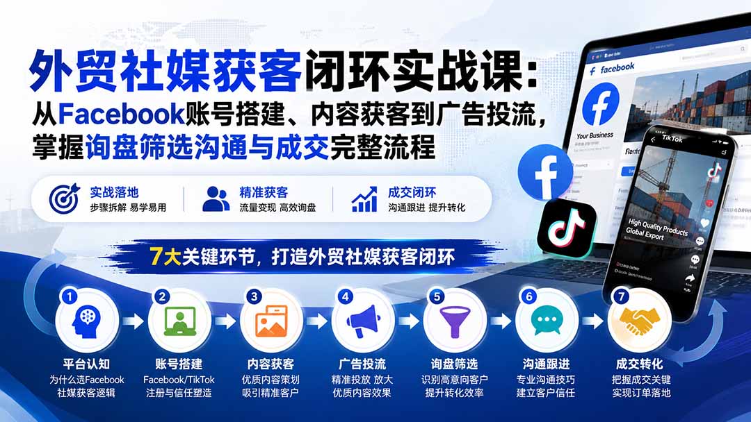 外贸社媒获客闭环实战课:从Facebook账号搭建、内容获客到广告投流,掌握询盘筛选沟通与成交完整流程-龙大资源