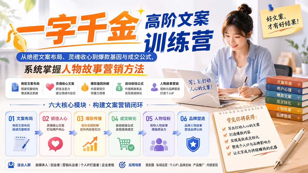 一字千金高阶文案训练营:从绝密文案布局、灵魂收心到爆款基因与成交公式,系统掌握人物故事营销方法-龙大资源