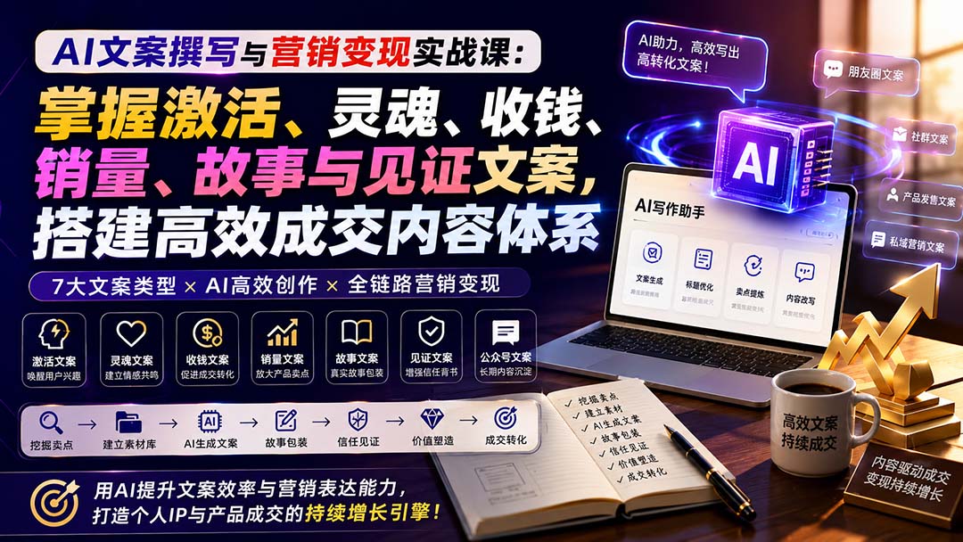 AI文案撰写与营销变现实战课:掌握激活、灵魂、收钱、销量、故事与见证文案,搭建高效成交内容体系-龙大资源