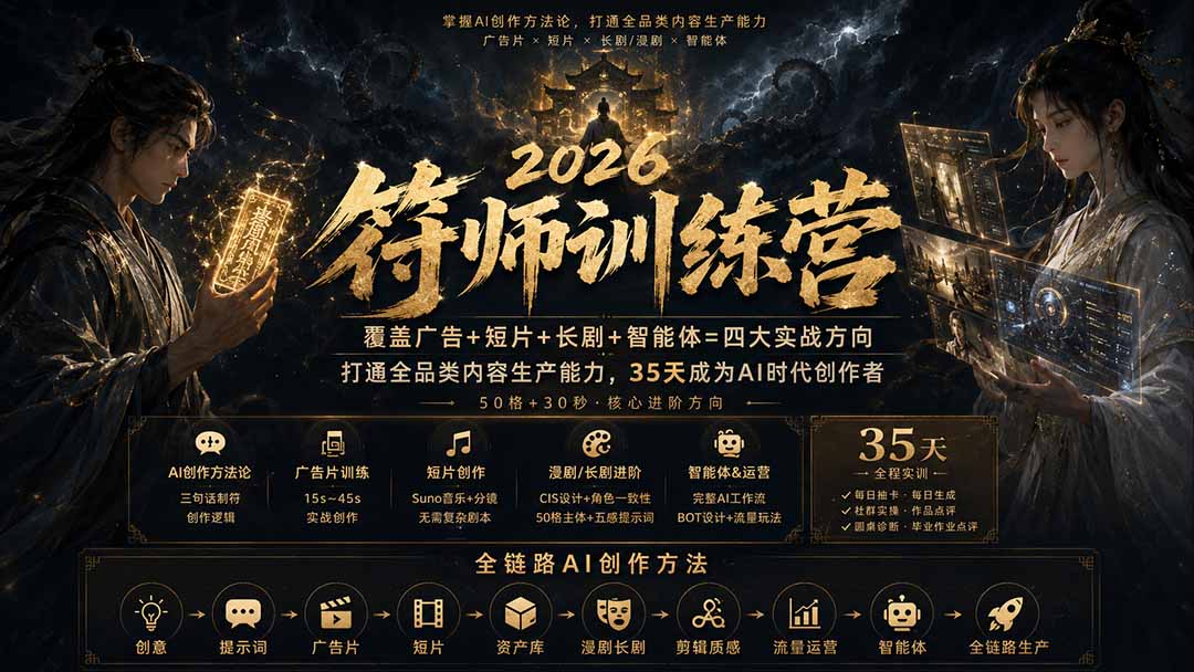 符师训练营-35天成为AI时代创作者,广告+短片+漫剧+智能体四大实战方向,掌握从创意到上线的完整工作流-龙大资源