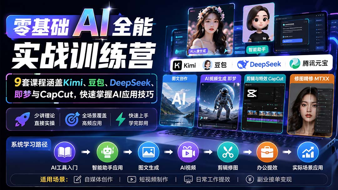 零基础AI全能实战训练营：9套课程涵盖Kimi、豆包、DeepSeek、即梦与CapCut，快速掌握AI应用技巧-龙大资源