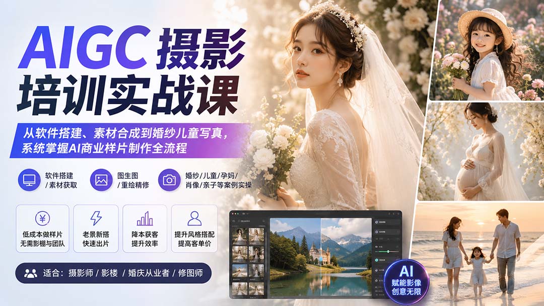 AIGC摄影培训实战课：从软件搭建、素材合成到婚纱儿童写真，系统掌握AI商业样片制作全流程-龙大资源