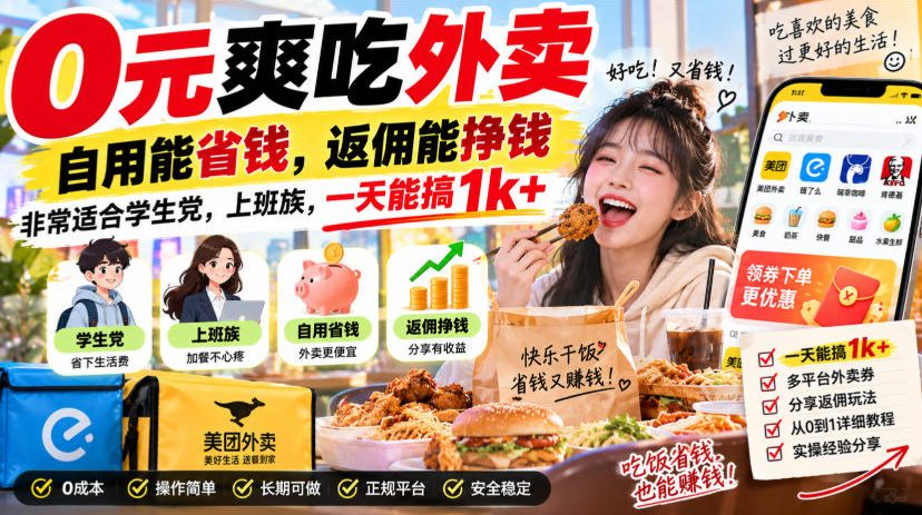 0元爽吃外卖,自用能省钱,返佣能挣钱,非常适合学生党,上班族,一天能搞1k+-龙大资源