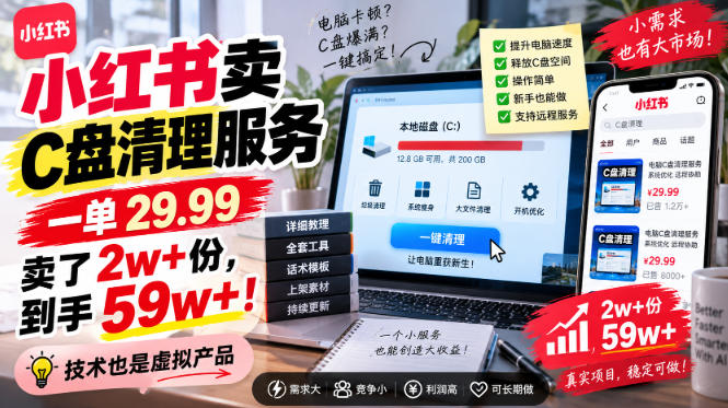 小红书卖C盘清理服务，一单29.99，卖了2w+份，技术也是虚拟产品-龙大资源