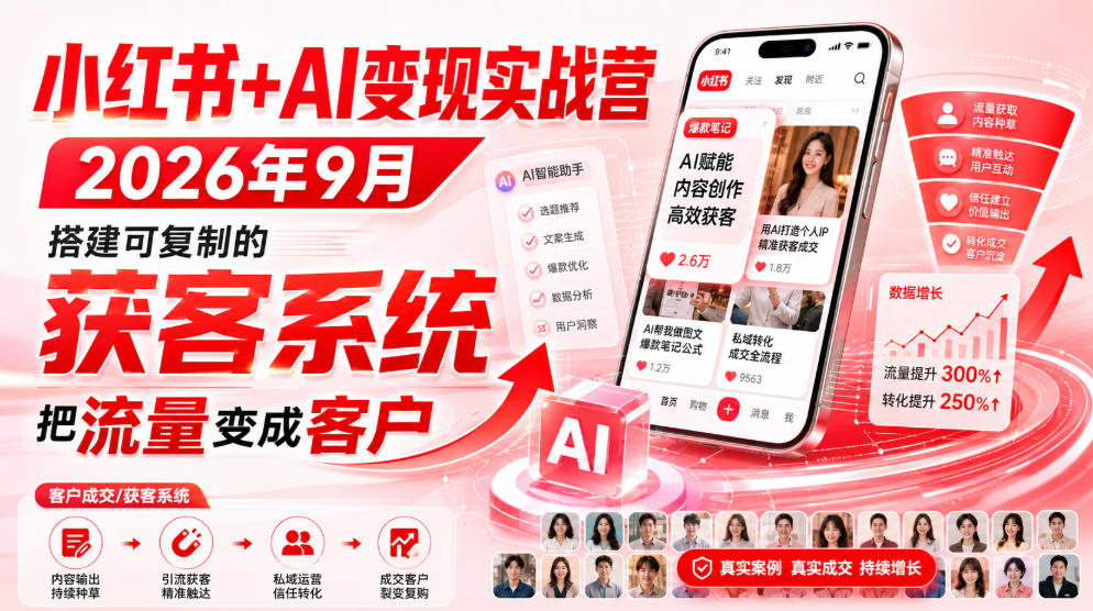 小红书+AI变现实战营2026年9月,搭建可复制的获客系统,把流量变成客户!-龙大资源