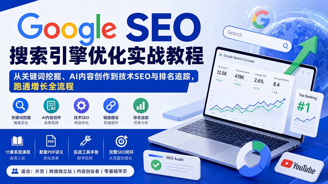 Google SEO搜索引擎优化实战教程:从关键词挖掘、AI内容创作到技术SEO与排名追踪,跑通增长全流程-龙大资源