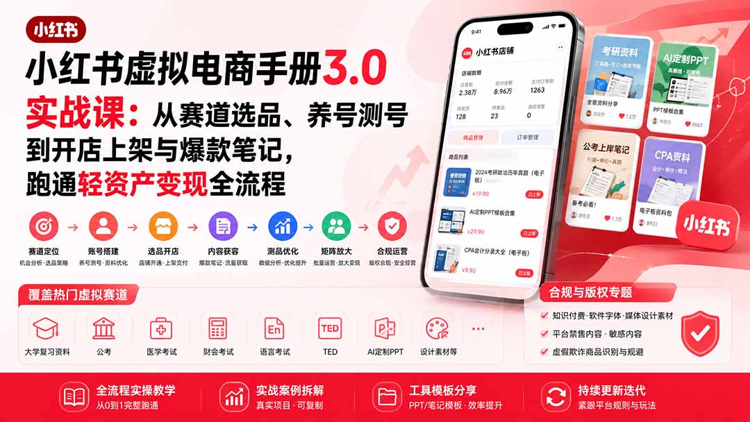 小红书虚拟电商手册3.0实战课：从赛道选品、养号测号到开店上架与爆款笔记，跑通轻资产变现全流程-龙大资源