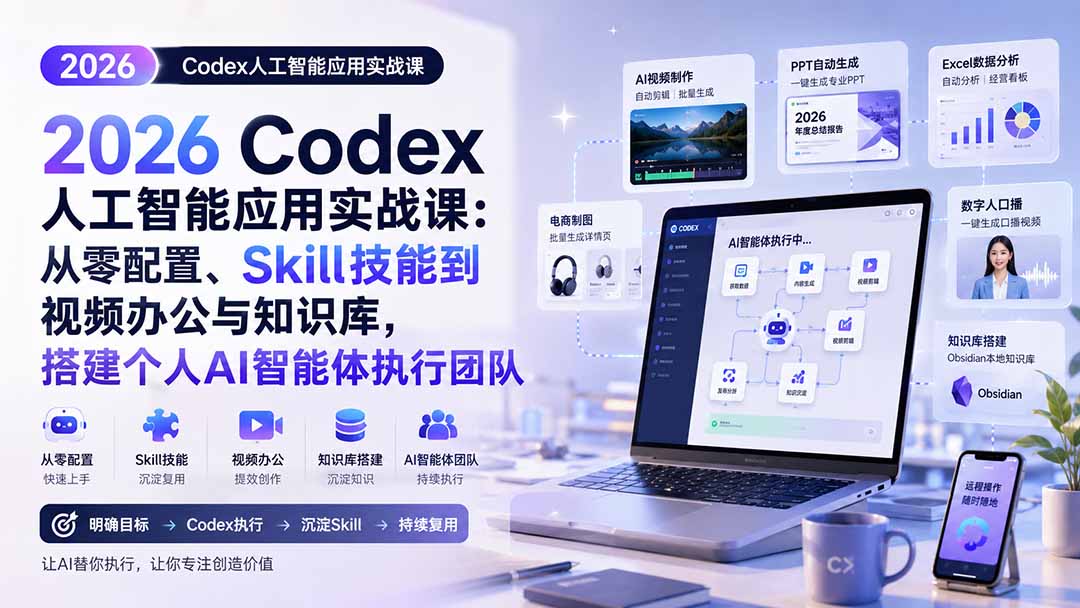 2026 Codex人工智能应用实战课:从零配置、Skill技能到视频办公与知识库,搭建个人AI智能体执行团队-龙大资源