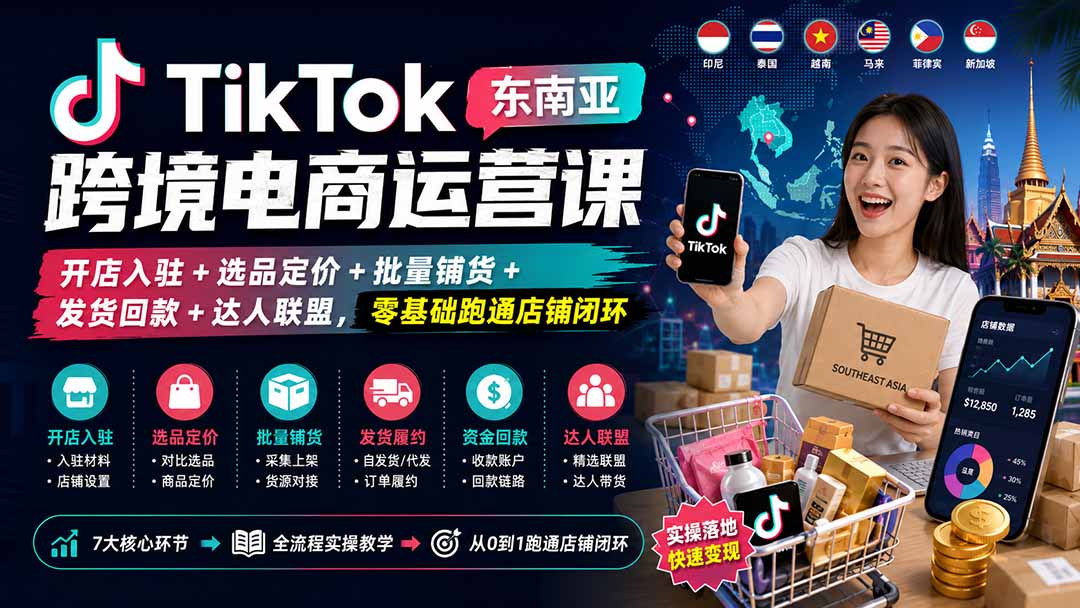 TikTok东南亚跨境电商运营课：开店入驻+选品定价+批量铺货+发货回款+达人联盟，零基础跑通店铺闭环-龙大资源