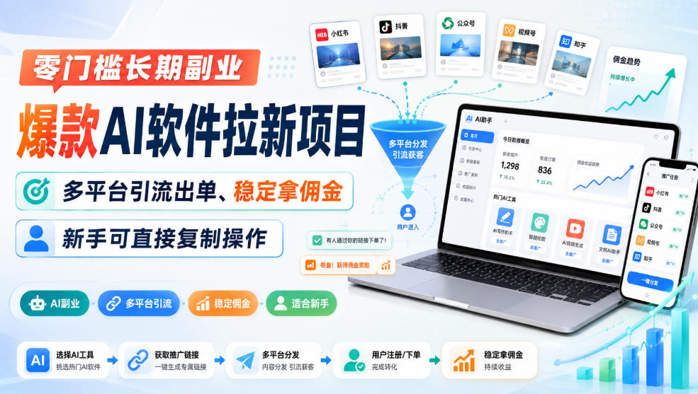 零门槛长期副业,爆款AI软件拉新项目,多平台引流出单、稳定拿佣金,新手可直接复制操作-龙大资源
