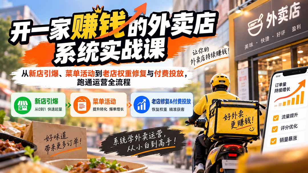 开一家赚钱的外卖店系统实战课:从新店引爆、菜单活动到老店权重修复与付费投放,跑通运营全流程-龙大资源
