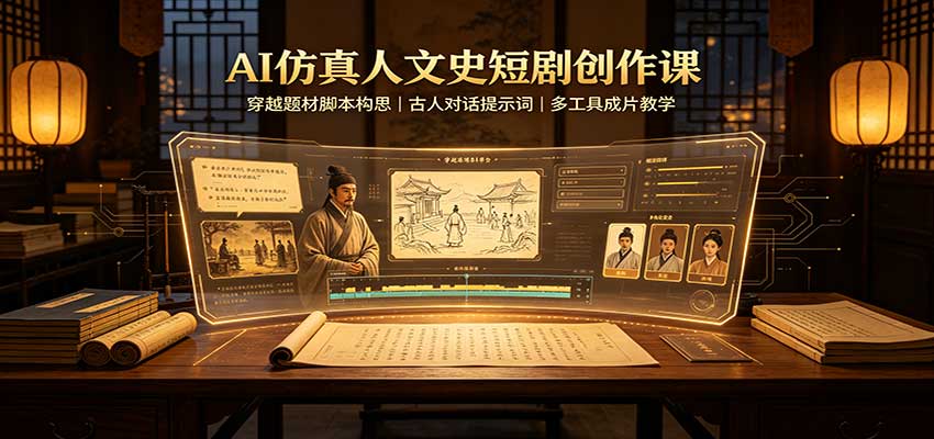 AI仿真人文史短剧创作课：穿越题材脚本构思，古人对话提示词，多工具成片教学-龙大资源