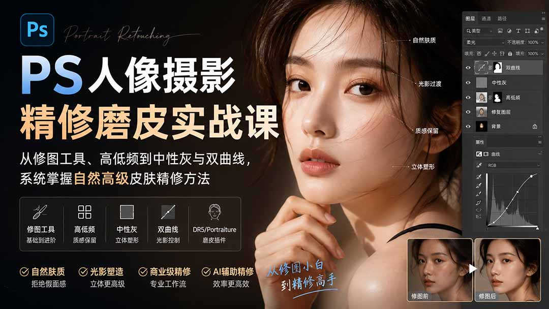 PS人像摄影精修磨皮实战课:从修图工具、高低频到中性灰与双曲线,系统掌握自然高级皮肤精修方法-龙大资源