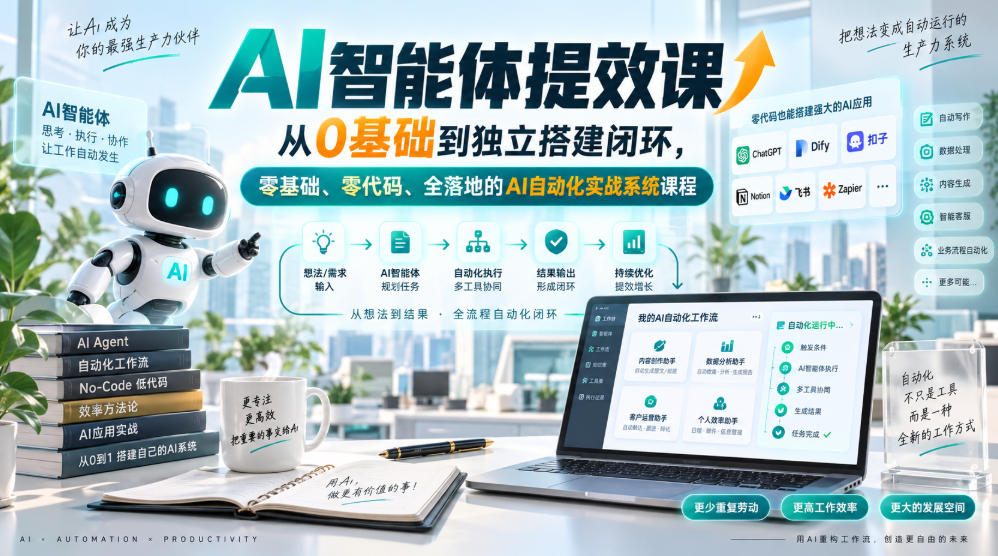 AI智能体提效课,从0基础到独立搭建闭环,零基础、零代码、全落地的AI自动化实战系统课程-龙大资源