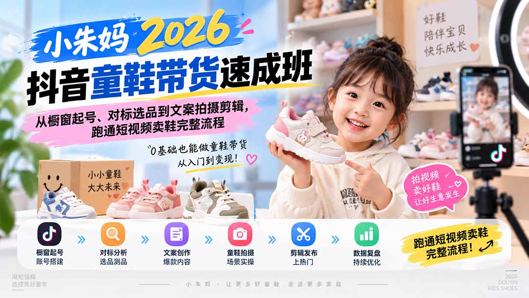 小朱妈2026抖音童鞋带货速成班:从橱窗起号、对标选品到文案拍摄剪辑,跑通短视频卖鞋完整流程-龙大资源