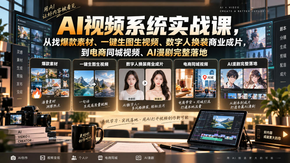 AI视频系统实战课,从找爆款素材、一键生图生视频、数字人换装商业成片,到电商同城视频、AI漫剧完整落地-龙大资源