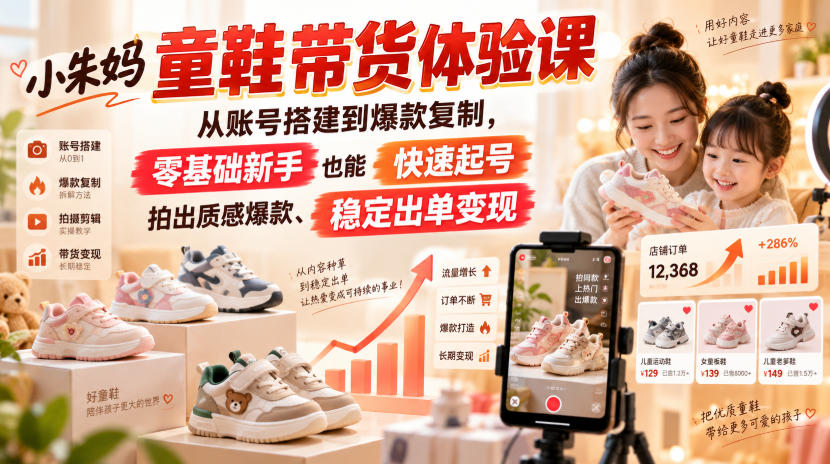 小朱妈童鞋带货体验课,从账号搭建到爆款复制,零基础新手也能快速起号、拍出质感爆款、稳定出单变现-龙大资源