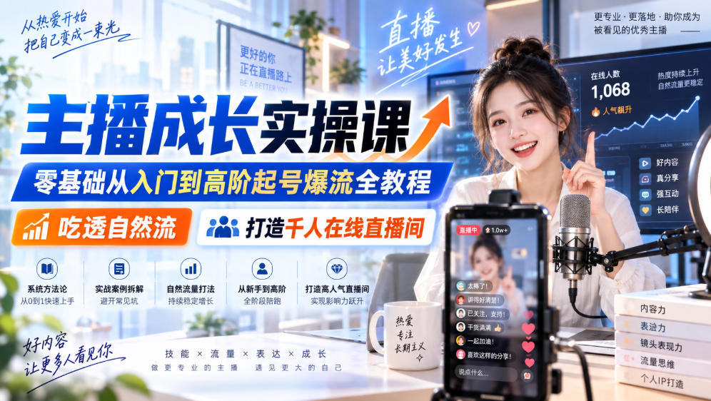 主播成长实操课｜零基础从入门到高阶起号爆流全教程，吃透自然流，打造千人在线直播间-龙大资源