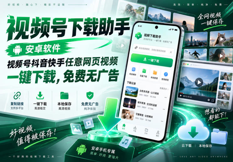 视频号下载助手，安卓软件，视频号抖音快手任意网页视频，一键下载，免费无广告-龙大资源