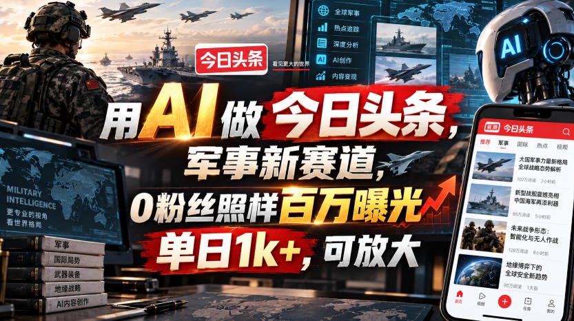 用AI做今日头条,军事新赛道,0粉丝照样百万曝光,单日1k+,可放大-龙大资源
