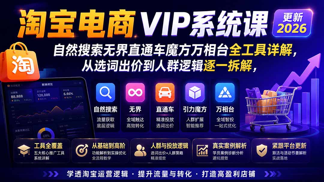 淘宝电商VIP系统课-更新8月；自然搜索无界直通车魔方万相台全工具详解，从选词出价到人群逻辑逐一拆解-龙大资源