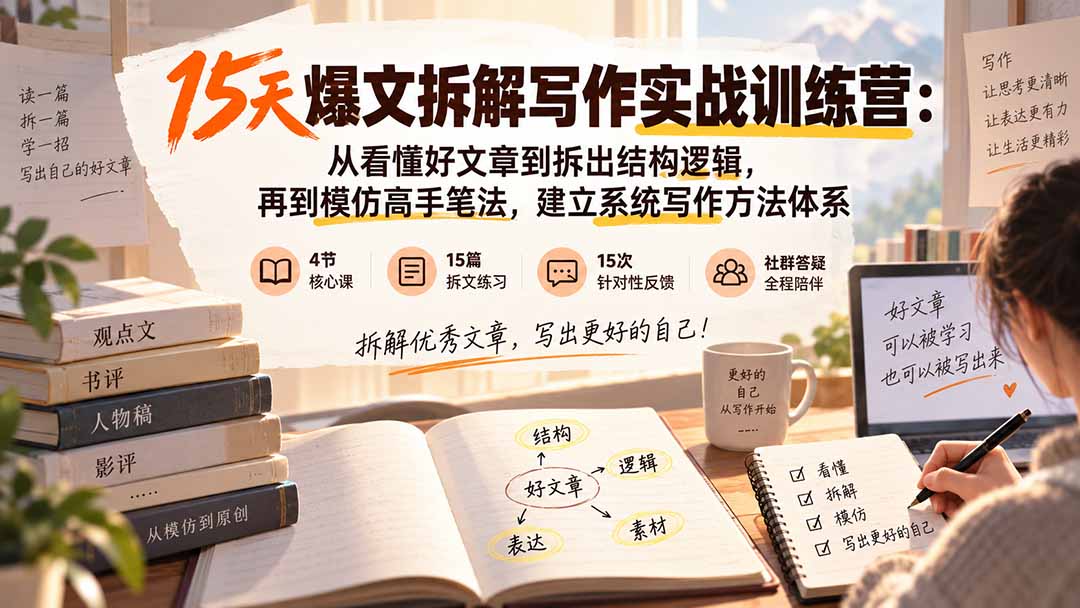 15天爆文拆解写作实战训练营：从看懂好文章到拆出结构逻辑，再到模仿高手笔法，建立系统写作方法体系-龙大资源
