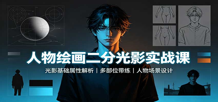 人物绘画二分光影实战课:光影基础属性解析,多部位带练,人物场景设计-龙大资源