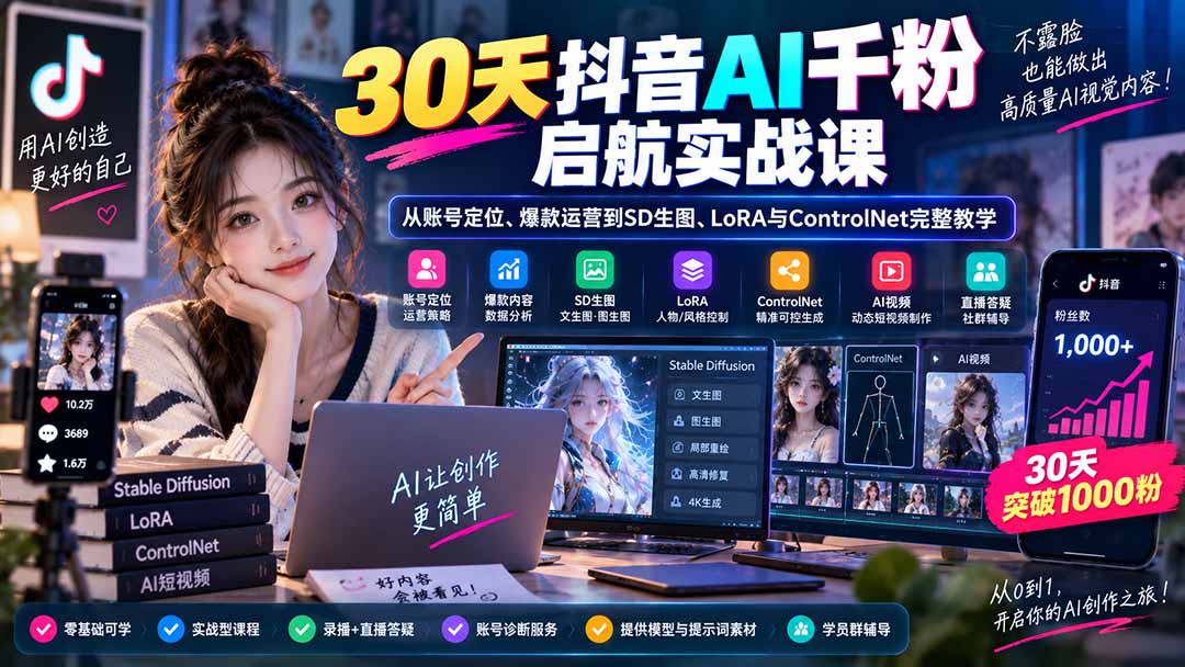 30天抖音AI千粉启航实战课：从账号定位、爆款运营到SD生图、LoRA与ControlNet完整教学-龙大资源