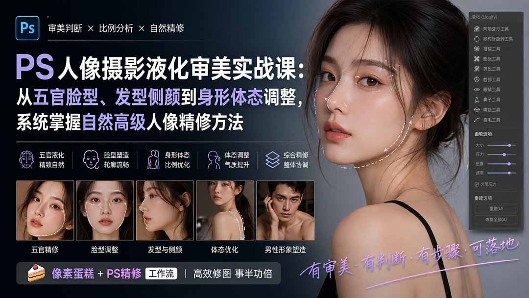 PS人像摄影液化审美实战课:从五官脸型、发型侧颜到身形体态调整,系统掌握自然高级人像精修方法-龙大资源