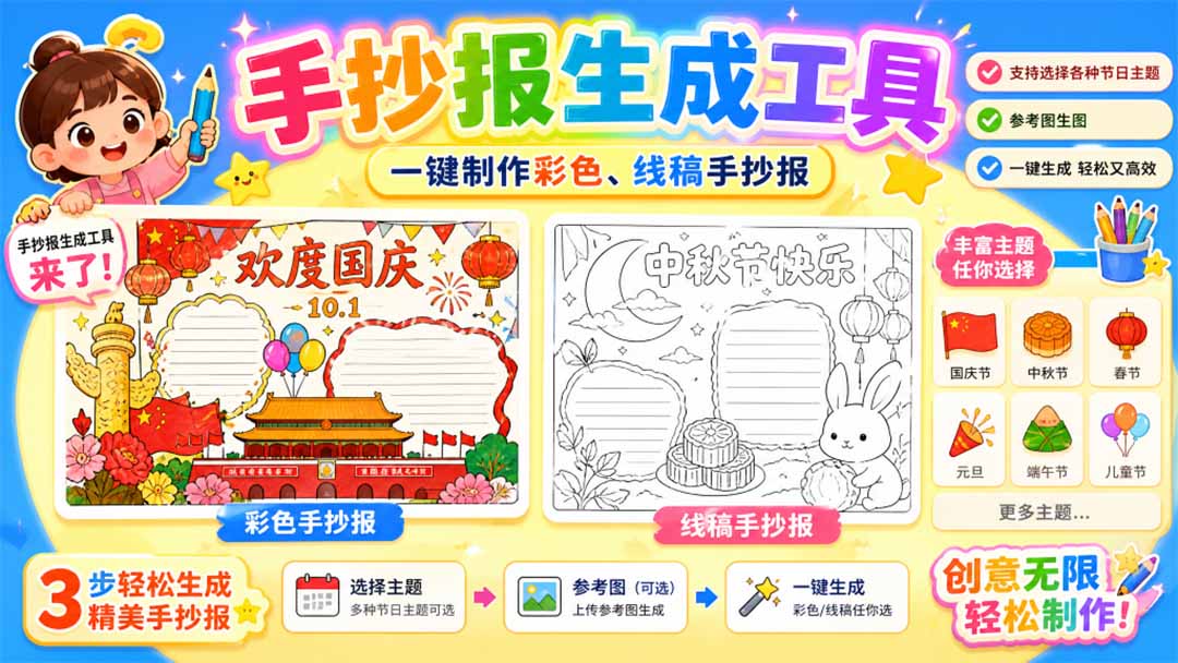 手抄报批量生成工具来了，完全免费，告别豆包生图，这个高清无水印-龙大资源