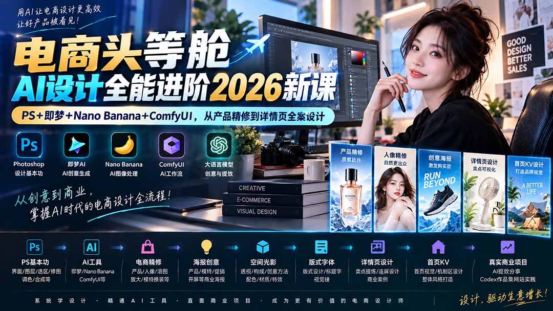 电商头等舱AI设计全能进阶2026新课：PS+即梦+Nano Banana+ComfyUI，从产品精修到详情页全案设计-龙大资源